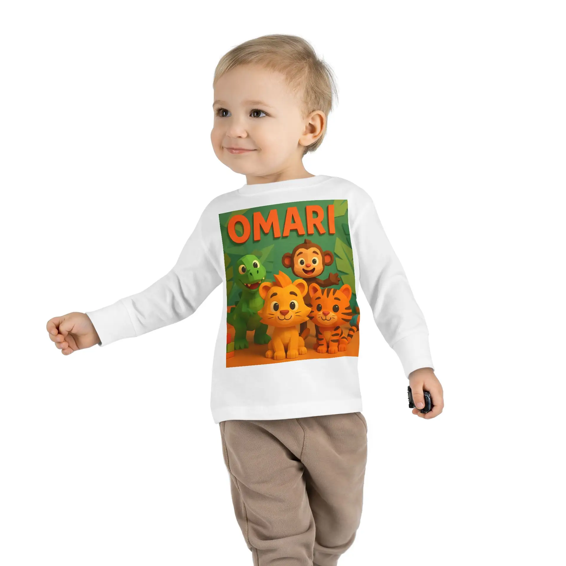 Playful Toddler Long Sleeve Tee Featuring Adorable Jungle Animals, Kids Shirt, Personalized Name Tee, Gift for Toddlers, Fun Kids Apparel - Image 3